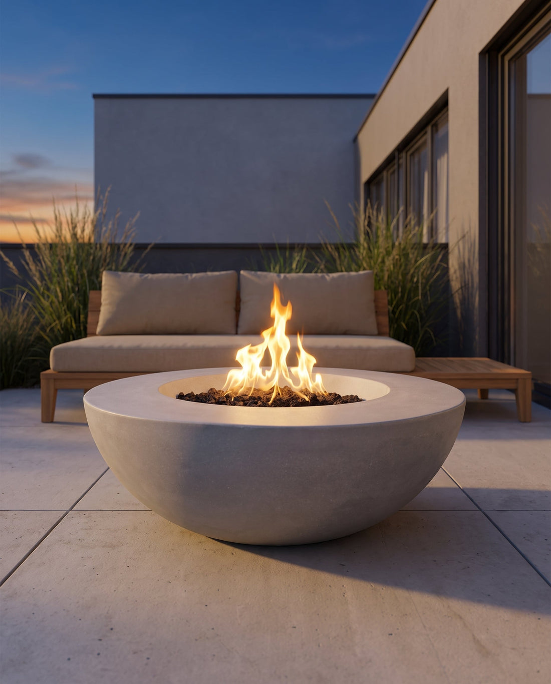Runder Gas-Feuertisch aus Beton mit brennender Flamme auf einer Terrasse zur blauen Stunde