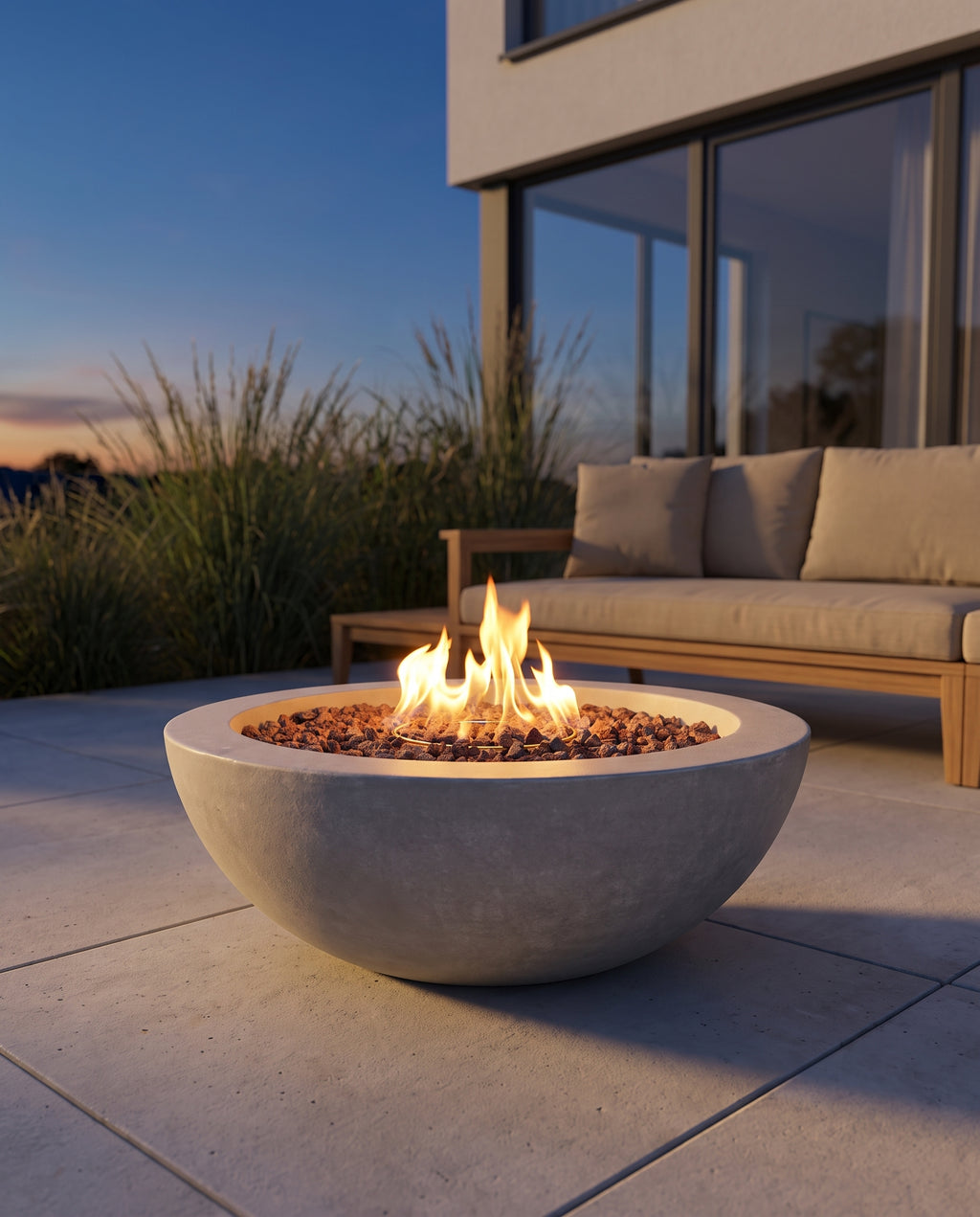 Orbit Light Gas-Feuertisch aus Beton auf einer Terrasse zur blauen Stunde, brennende Flamme