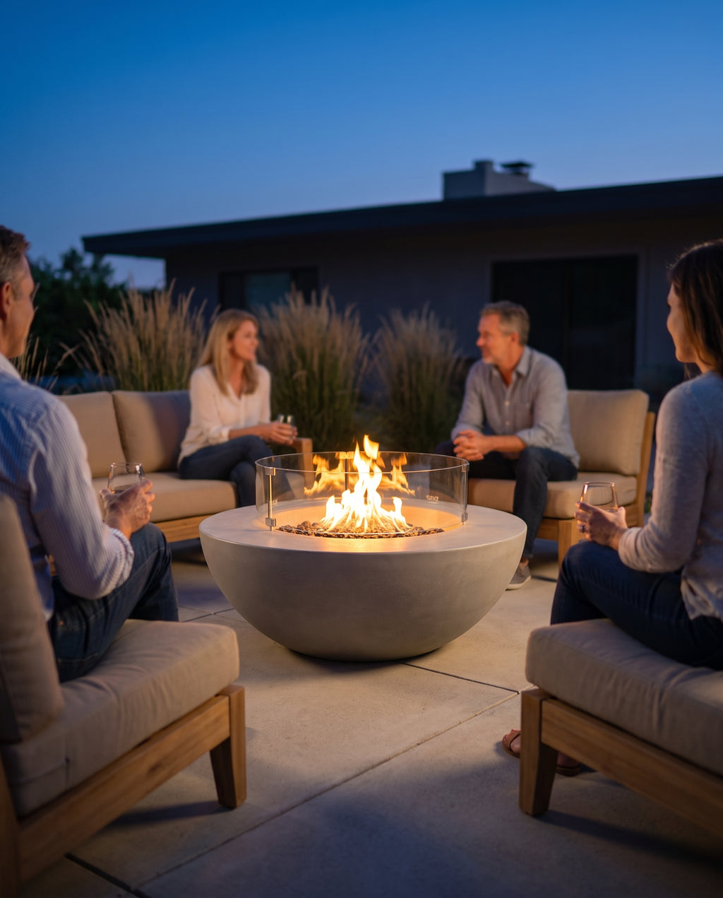 Orbit Cloud Gas-Feuertisch als Mittelpunkt einer Lounge-Sitzgruppe am Sommerabend
